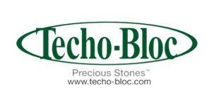 Techo-Bloc logo featuring the tagline "Precious Stones" and website URL, representing a brand specializing in high-quality landscaping materials and outdoor design products.