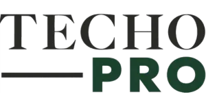Logo of Techo Pro, a company specializing in technology solutions and services, featuring a modern design with a combination of black and green colors.