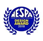 NESPAs 2018 Design Award logo featuring a blue circular emblem surrounded by laurel leaves, highlighting excellence in design within the spa and pool industry.