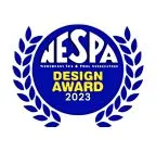 NESPA Design Award 2023 logo featuring a blue circle with laurel leaves, highlighting excellence in pool and spa design.