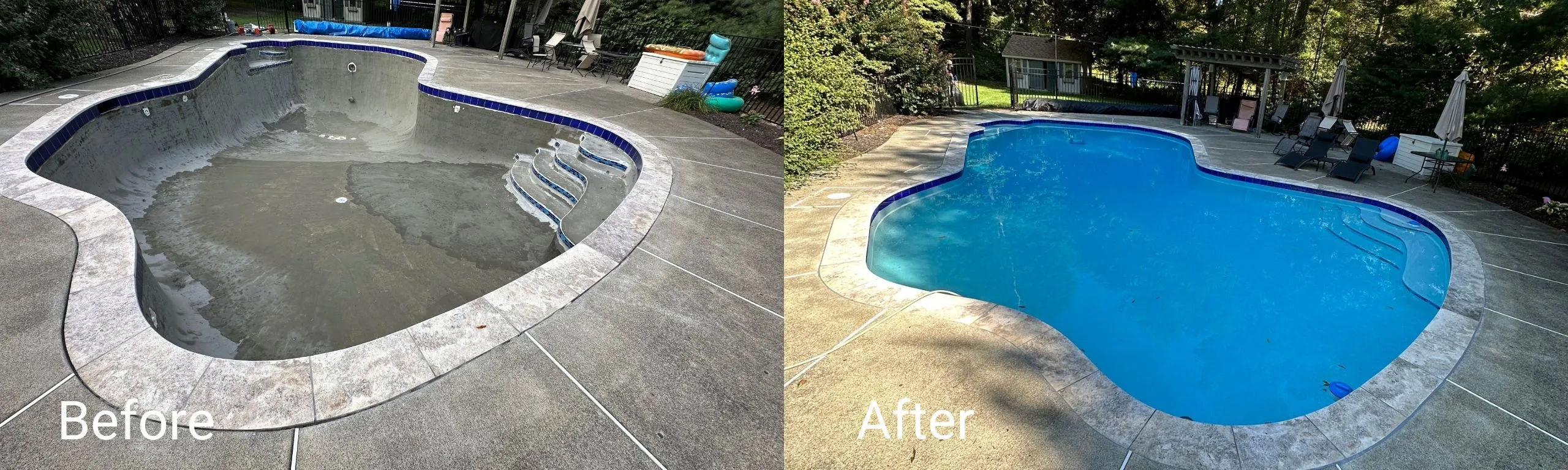 Before and after comparison of a pool area renovation, showcasing the transformation of the pool deck from worn concrete to a clean, inviting surface with vibrant blue water and well-maintained landscaping.