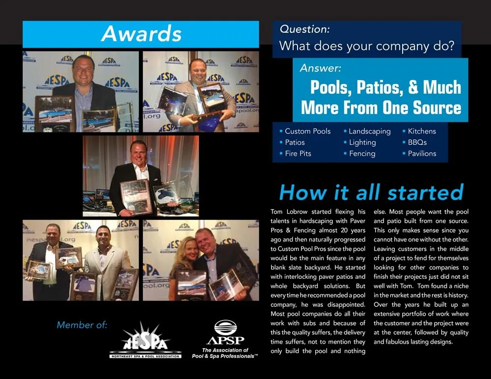 Awards received by Custom Pool Pros, showcasing Tom Lobrow holding multiple accolades for excellence in pool design and landscaping, with a focus on custom pools, patios, and outdoor features. The image highlights the company's expertise and membership in industry associations like NESPA and APSP.